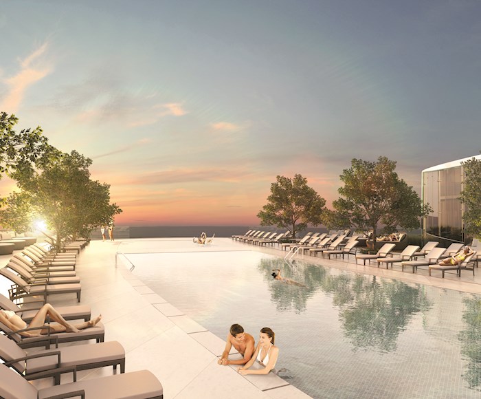 Sunset at the pools of Aria on the Bay