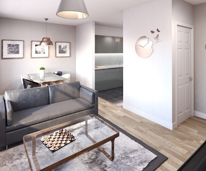 Living room in a Silkhouse Court Apartment, for sale