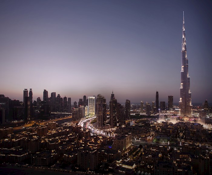 A panorama that includes Burj Khalifa: BLVD Crescent in Downtown Dubai