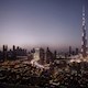 A panorama that includes Burj Khalifa: BLVD Crescent in Downtown Dubai
