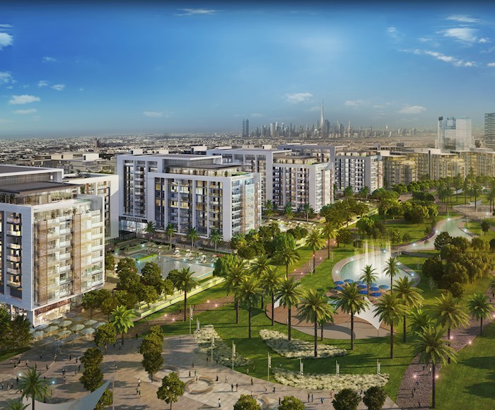 Top view of the Acacia Luxury Apartments complex in Dubai